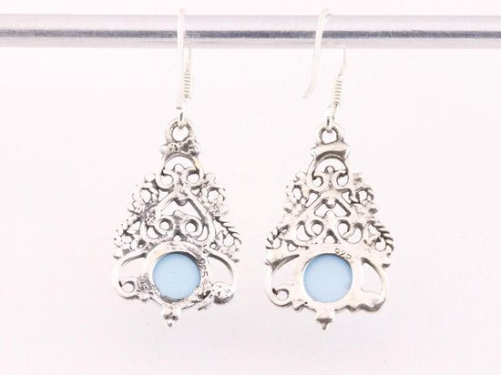 Opengewerkte zilveren oorbellen met blauwe chalcedoon afbeelding 3