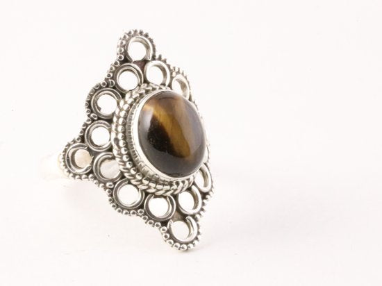 Opengewerkte zilveren ring met tijgeroog afbeelding 1