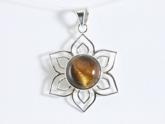 Opengewerkte bloemvormige zilveren hanger met tijgeroog afbeelding 4