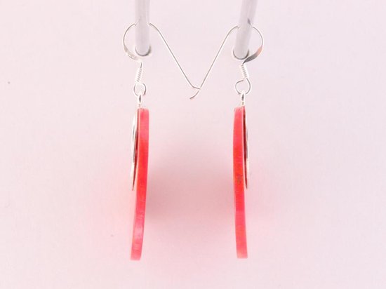 Zilveren oorbellen met grote ronde rode koraal steen afbeelding 2