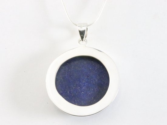 Ronde hoogglans zilveren hanger met lapis lazuli aan ketting afbeelding 3