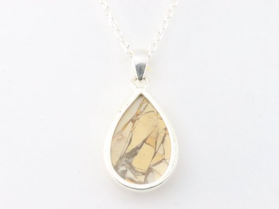 Druppelvormige zilveren hanger met brecciated mookaiet aan ketting afbeelding 3