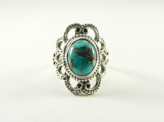 Opengewerkte zilveren ring met blauwe koperturkoois afbeelding 4