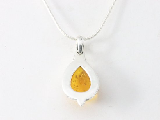 Bewerkte druppelvormige zilveren hanger met amber aan ketting afbeelding 3