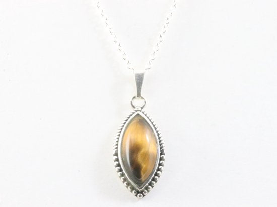 Fijne bewerkte zilveren hanger met tijgeroog aan ketting afbeelding 1