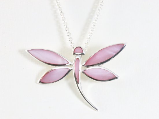 Grote zilveren libelle hanger met roze parelmoer aan ketting afbeelding 4