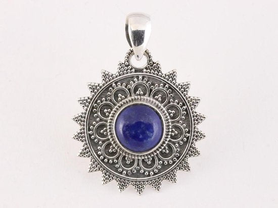 Ronde bewerkte zilveren hanger met lapis lazuli afbeelding 4