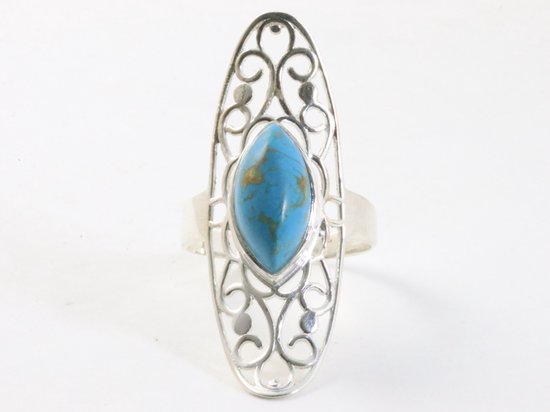 Langwerpige opengewerkte zilveren ring met blauwe turkoois afbeelding 4