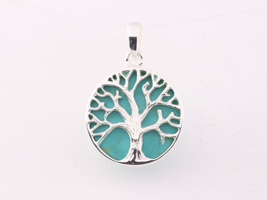 Fijne ronde zilveren hanger met levensboom op groene turkoois afbeelding 4