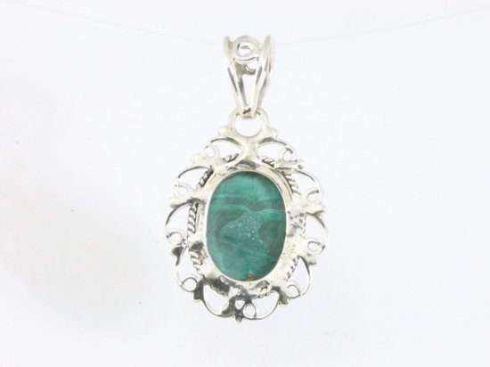 Opengewerkte zilveren hanger met malachiet afbeelding 3