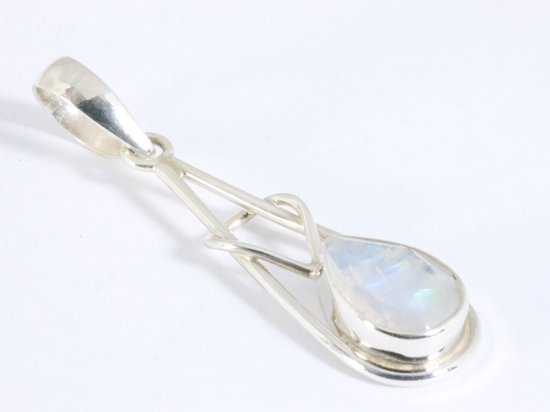 Langwerpige zilveren hanger met regenboog maansteen aan ketting afbeelding 2