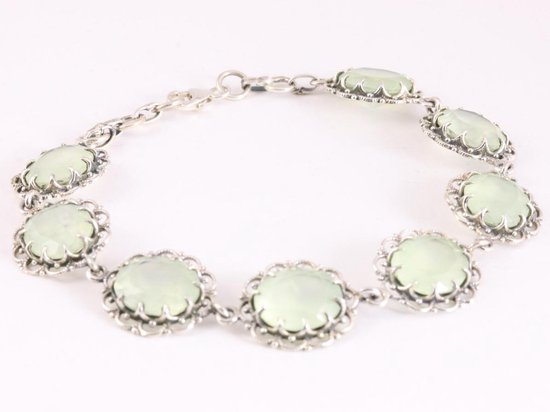 Bewerkte zilveren schakelarmband met prehniet afbeelding 2