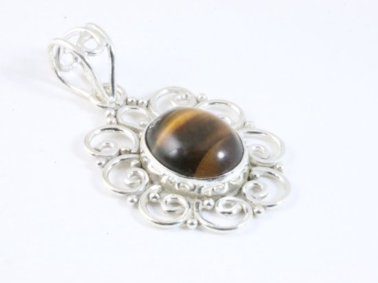 Opengewerkte zilveren hanger met tijgeroog afbeelding 2