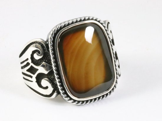 Zware bewerkte zilveren ring met bruine agaat afbeelding 1