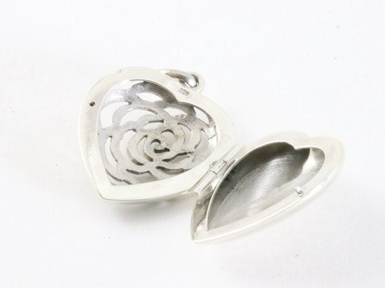 Opengewerkt harvormig zilveren medaillon met roos afbeelding 5