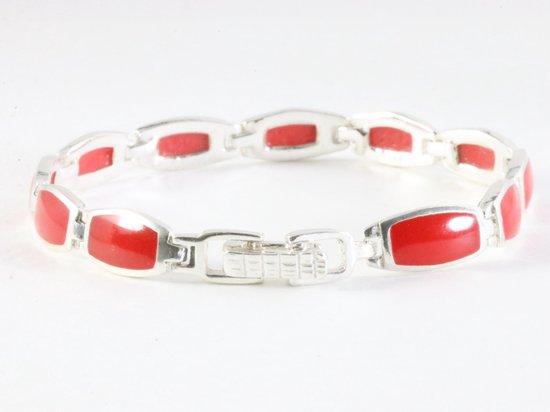 Hoogglans zilveren armband met rode koraal steen afbeelding 3