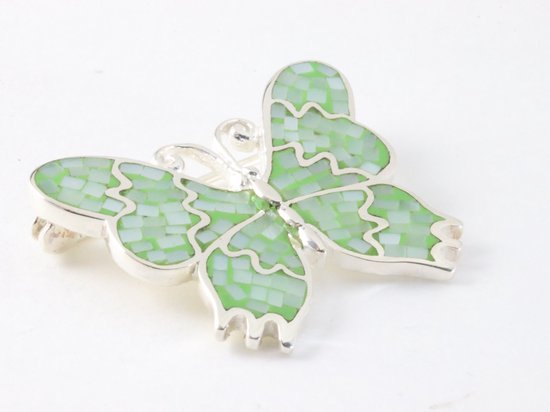 Zilveren vlinder broche met groene parelmoer afbeelding 2