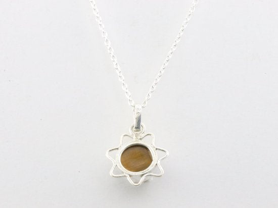 Fijne opengewerkte zilveren hanger met tijgeroog aan ketting afbeelding 3