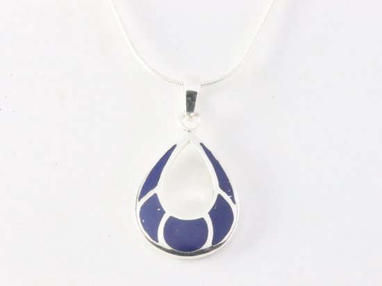 Opengewerkte druppelvormige zilveren hanger met lapis lazuli aan ketting afbeelding 4