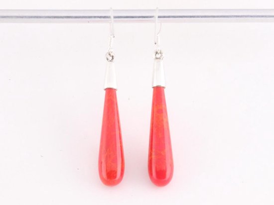 Zilveren oorbellen met pegels rode koraal steen afbeelding 3