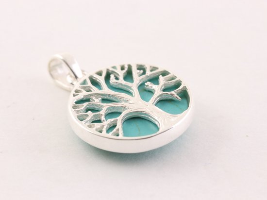 Fijne ronde zilveren hanger met levensboom op groene turkoois afbeelding 2