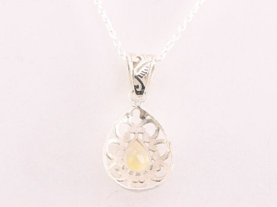 Opengewerkte druppelvormige zilveren hanger met citrien aan ketting afbeelding 3
