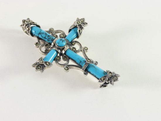 Kruisvormige zilveren broche met blauwe turkoois en marcasiet afbeelding 3
