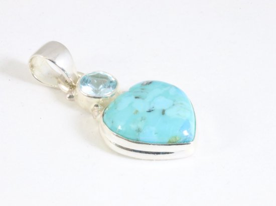 Hartvormige zilveren hanger met Arizona turkoois en blauwe topaas afbeelding 2