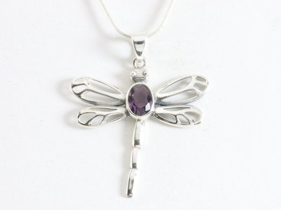 Opengewerkte zilveren libelle hanger met amethist aan ketting afbeelding 4