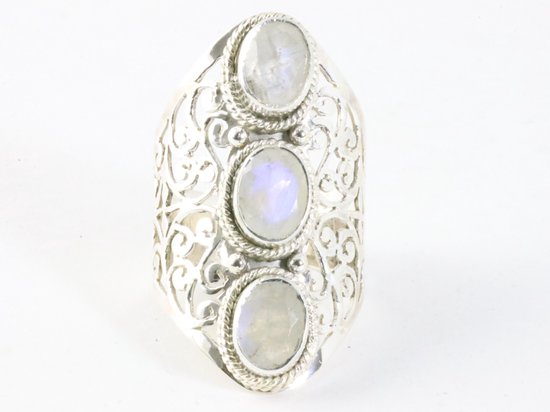 Langwerpige opengewerkte zilveren ring met regenboog maansteen afbeelding 4