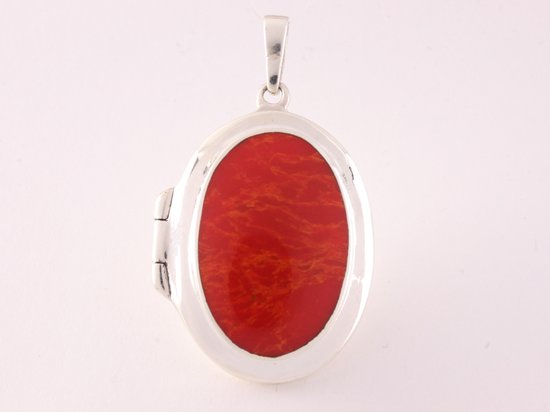 Ovaal hoogglans zilveren medaillon met rode koraal steen afbeelding 4