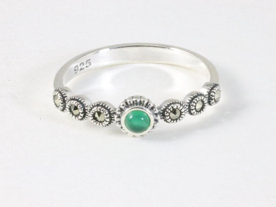 Fijne zilveren ring met groene agaat en marcasiet afbeelding 4