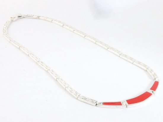 Hoogglans zilveren collier met rode koraal steen afbeelding 2