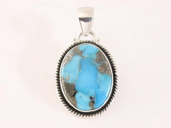 Bewerkte zilveren hanger met blauwe Mohave turkoois afbeelding 1