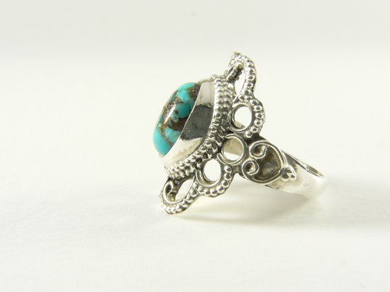Opengewerkte zilveren ring met blauwe koperturkoois afbeelding 2