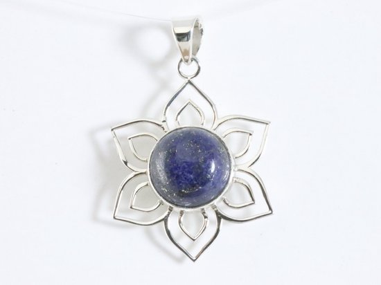Opengewerkte bloemvormige zilveren hanger met lapis lazuli afbeelding 4