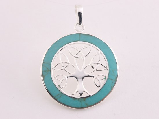 Ronde zilveren levensboom hanger met groene turkoois afbeelding 1
