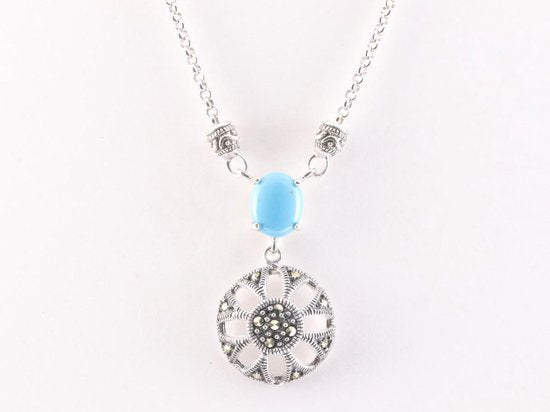 Zilveren ketting met blauwe turkoois en marcasiet afbeelding 1