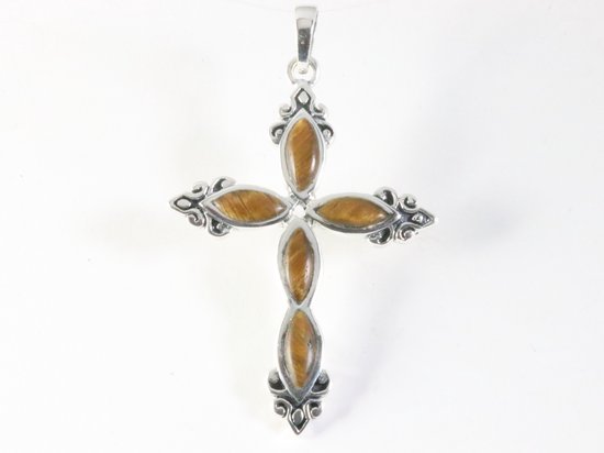 Grote bewerkte zilveren kruishanger met tijgeroog afbeelding 4