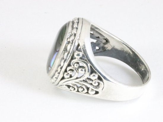 Zware bewerkte zilveren ring met abalone schelp afbeelding 2