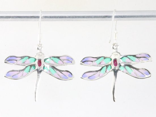 Zilveren libelle oorbellen met emaille en robijn afbeelding 2