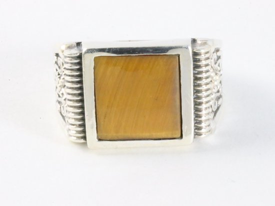 Zware bewerkte zilveren ring met tijgeroog afbeelding 4