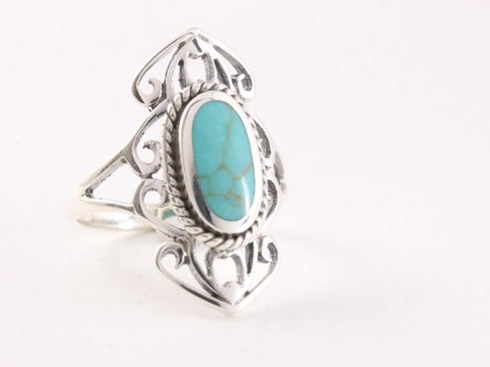 Opengewerkte zilveren ring met groene turkoois afbeelding 1