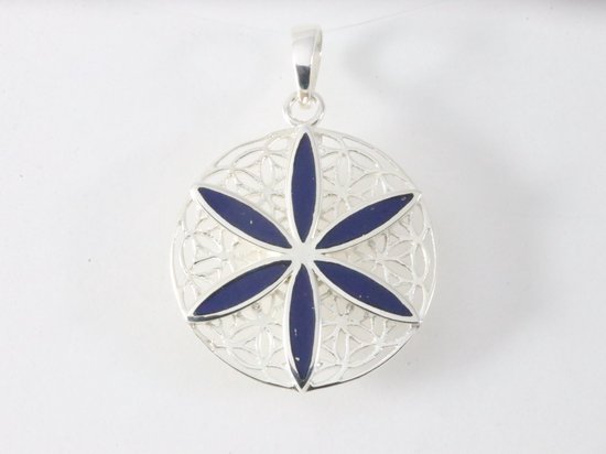 Ronde zilveren levensbloem hanger met lapis lazuli afbeelding 4