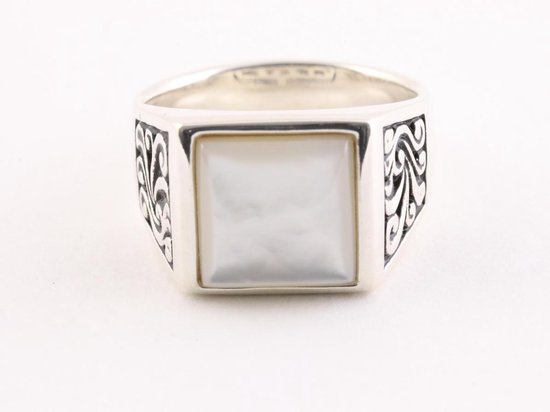 Zware bewerkte zilveren herenring met parelmoer afbeelding 4