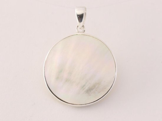 Ronde zilveren hanger met levensboom op parelmoer afbeelding 3