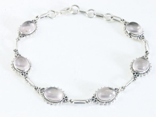 Fijne bewerkte zilveren armband met rozenkwarts afbeelding 1