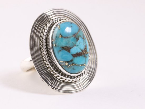 Bewerkte ovale zilveren ring met blauwe koperturkoois afbeelding 1