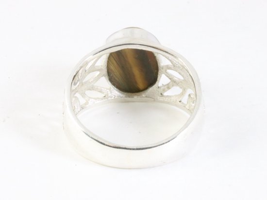 Opengewerkte zilveren ring met tijgeroog afbeelding 3
