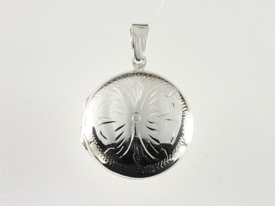 Rond hoogglans zilveren medaillon met fantasiegravering afbeelding 4